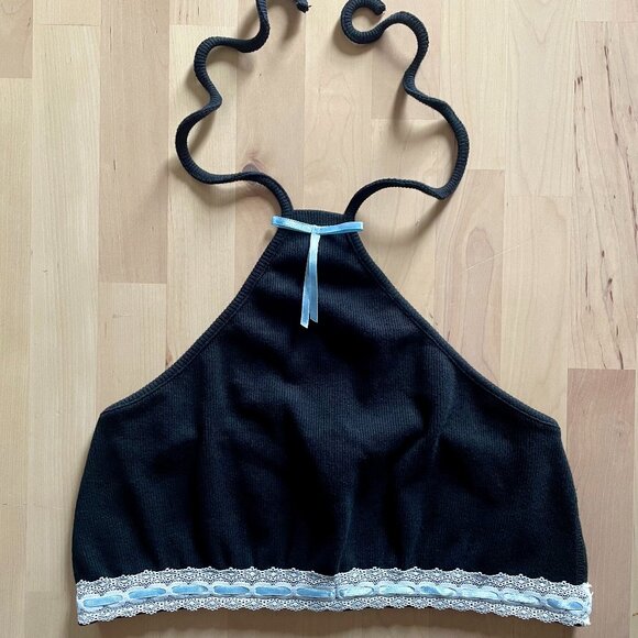 Teddy Fresh Women's Black Ribbed Bike Top Sports Bra w/ Ribbon size Medium NWOT - Picture 1 of 5